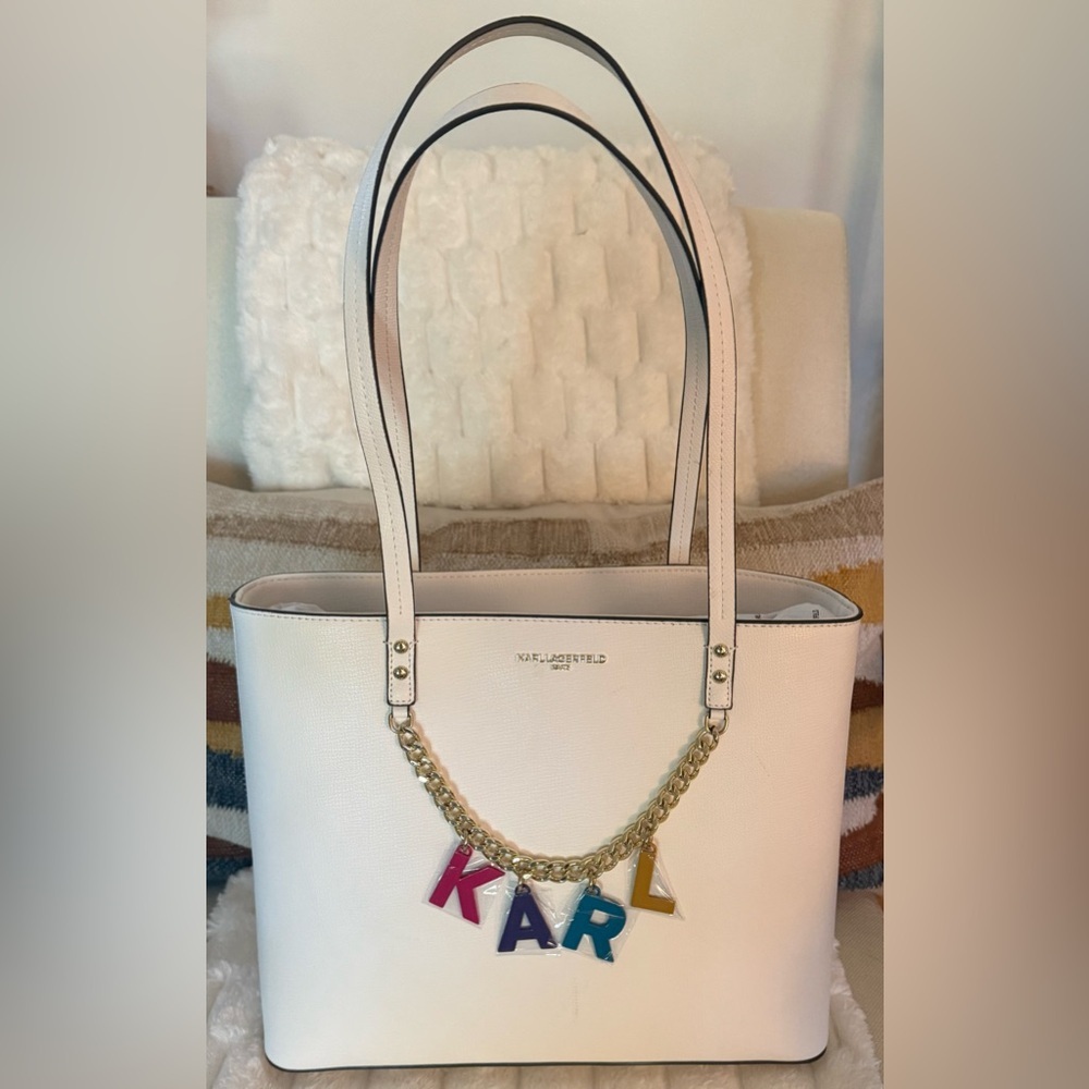 Karl Lagerfeld Paris Maybelle Tote Bag White Gold Chain Charm NWOT - Picture 3 of 11